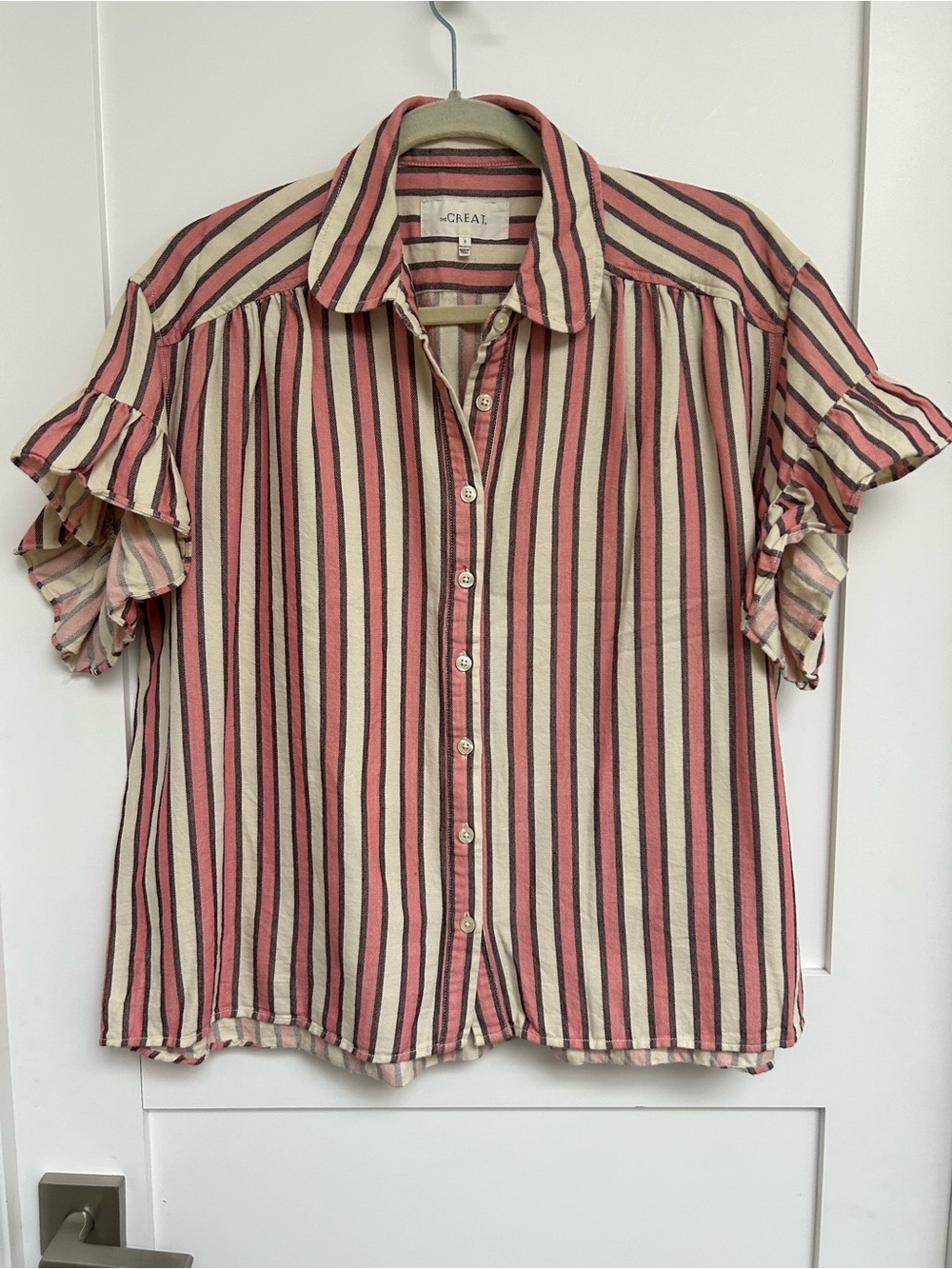 💠 THE GREAT. Pink, Cream and Brown Striped Ruffle-Sleeve Button-Up Top